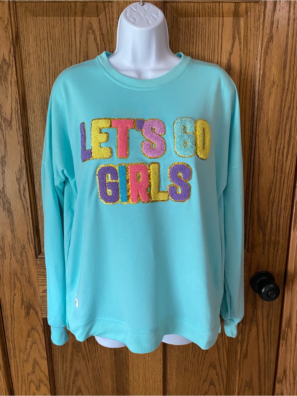 Simply Southern Aqua LET'S GO GIRLS Multicolor Embroidered Glitter Sweatshirt